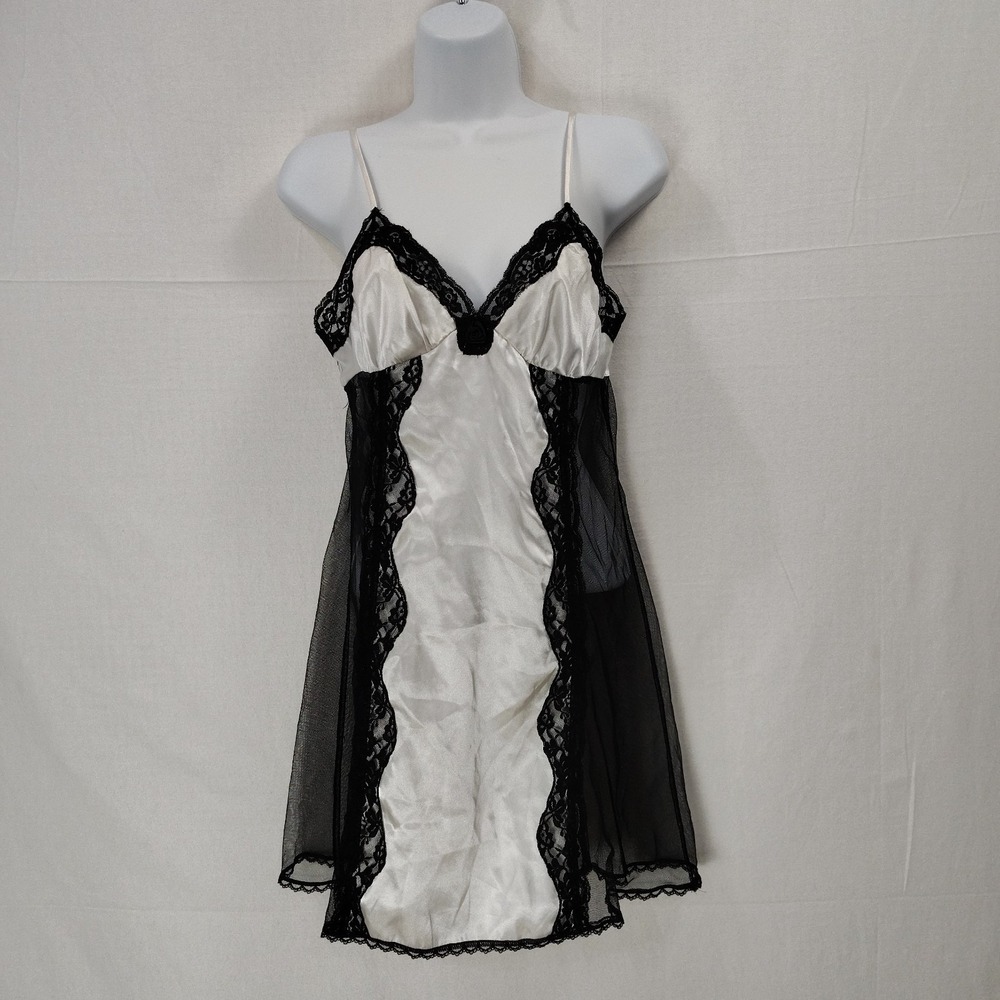 Fredericks of Hollywood White Satin Slip Dress‎ Black Lace Small Y2K Coquette
